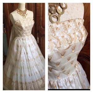 1950s vintage gold embroidered Egyptian hieroglyphics organza full party dress